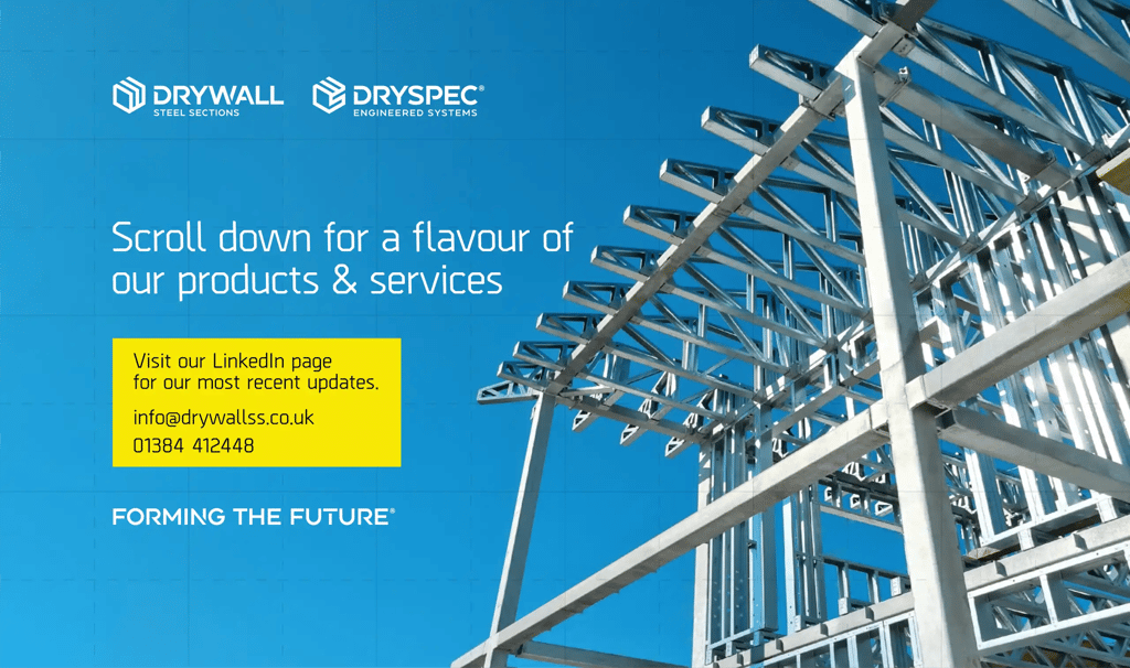 Drywall Steel Sections website featuring steel framing photography and Drywall and DrySpec branding