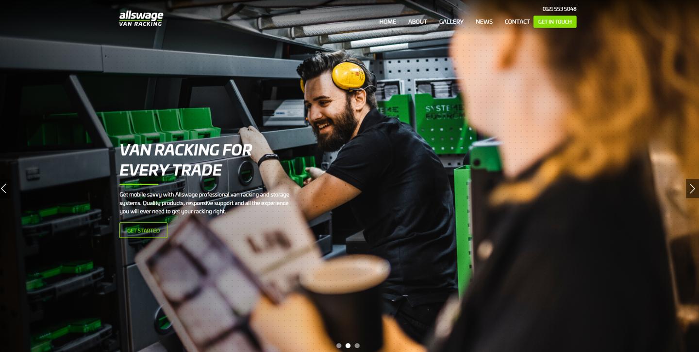 Allswage Van Racking homepage featuring a technician working inside a fitted van