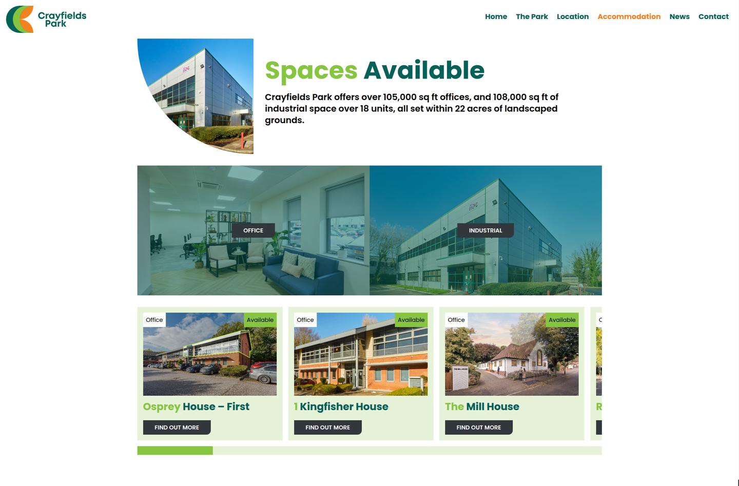 Crayfields Park website accommodation page showing office and industrial accommodation alongside available property listings