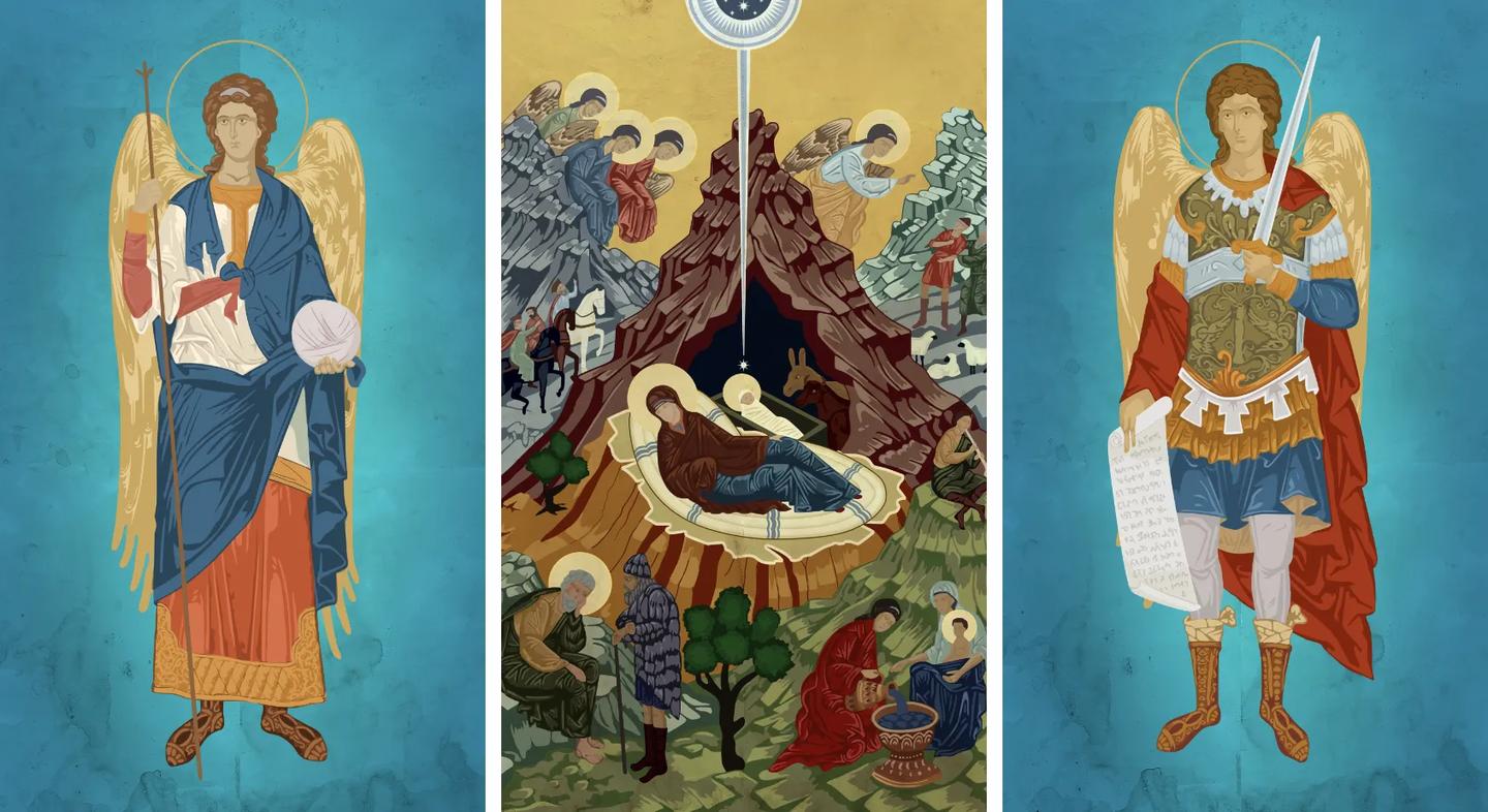 Seesaw Opticians Christmas window graphics featuring Orthodox-inspired Nativity illustrations
