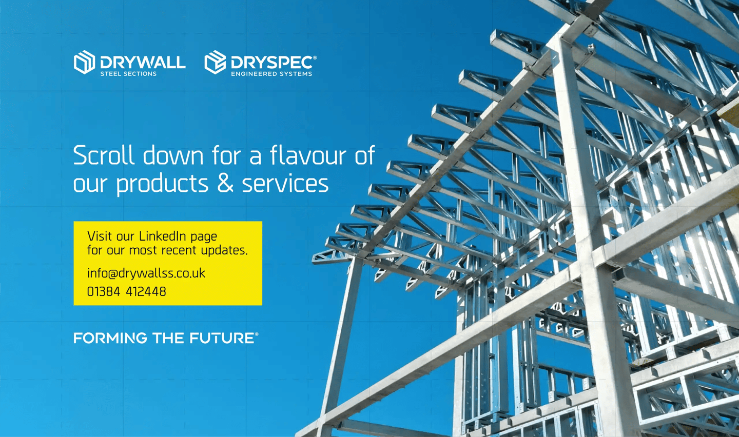 Drywall Steel Sections website featuring steel framing photography and Drywall and DrySpec branding