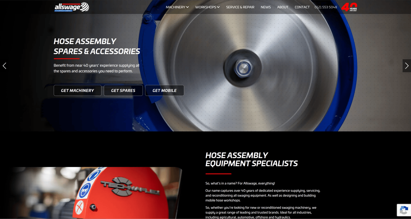 Allswage UK homepage showing hose assembly machinery and spares with prominent navigation and product links