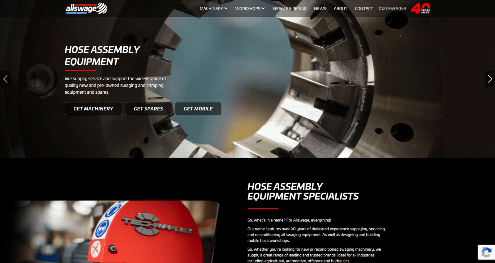 Allswage UK website featuring hose assembly equipment imagery, service information and links to machinery and spares