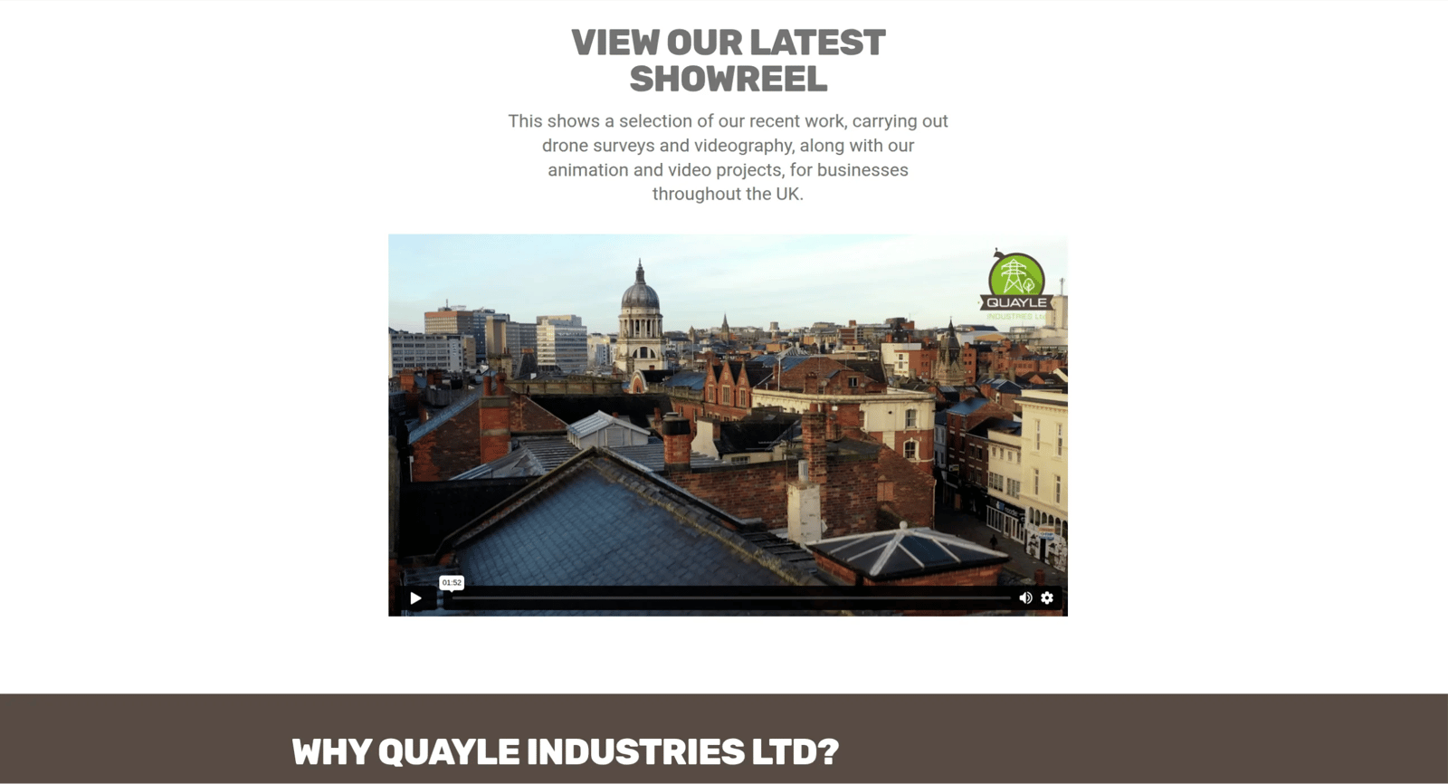 Quayle Industries website featuring an aerial video showreel of the company's work