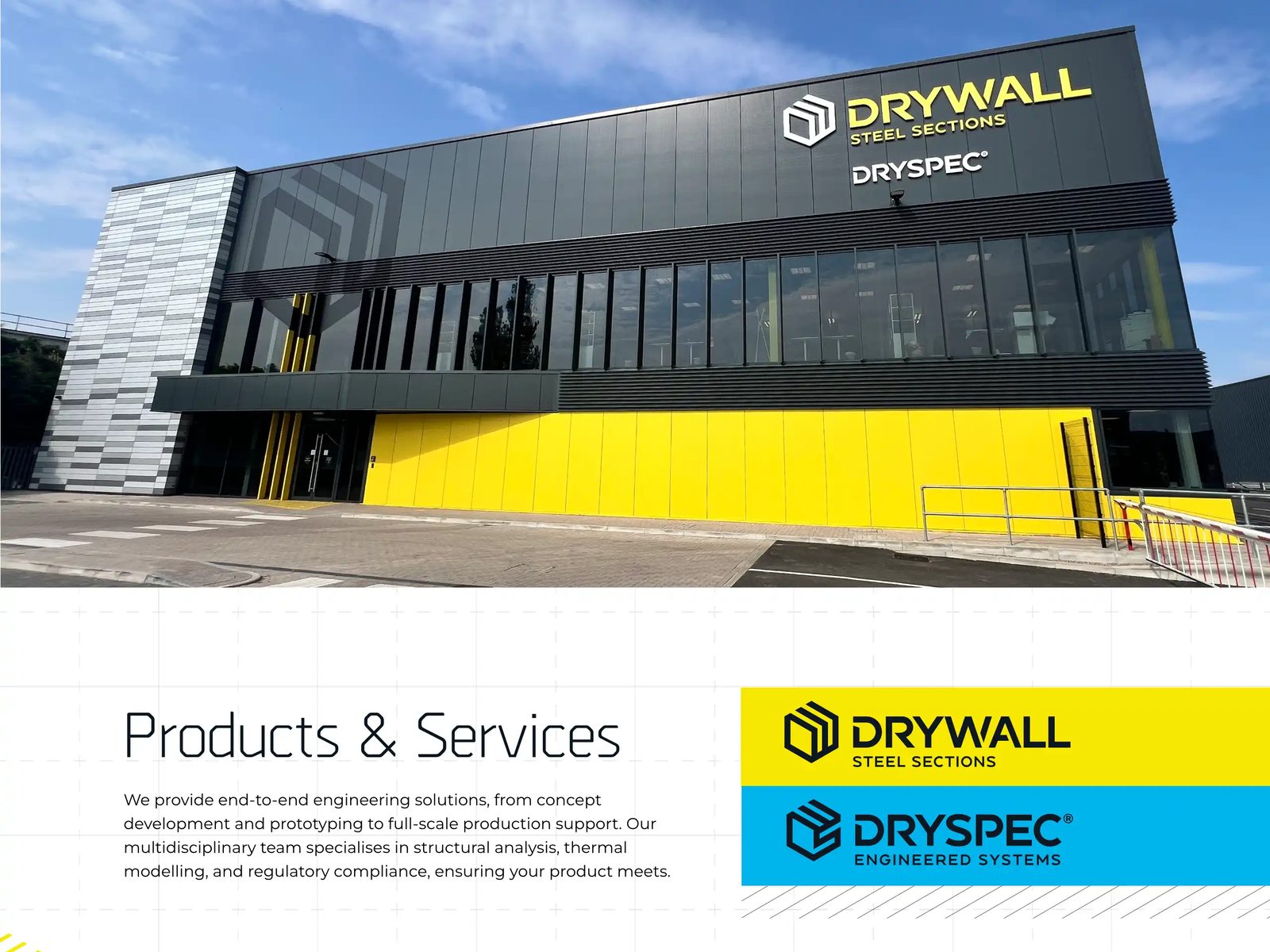 Drywall Steel Sections website showing the company's premises and product range branding