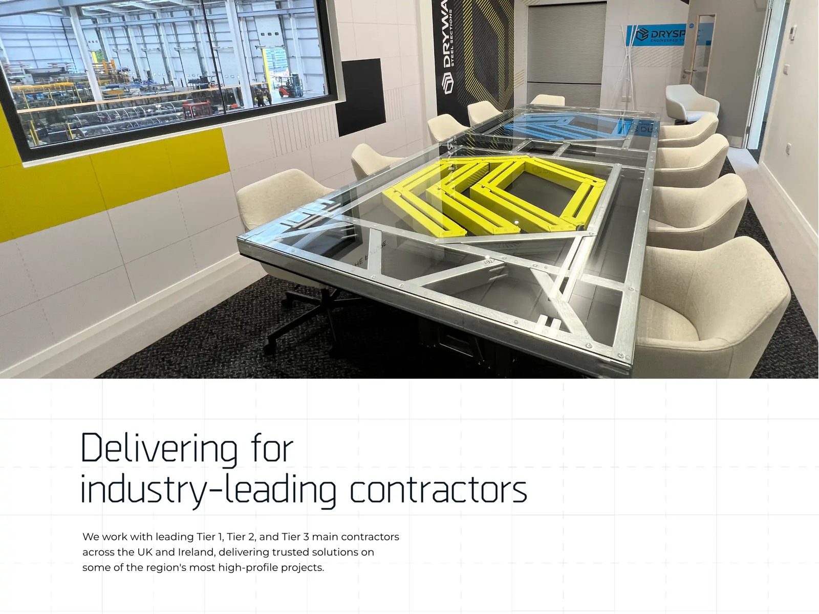 Website section featuring the Drywall Steel Sections meeting room and information for contractors