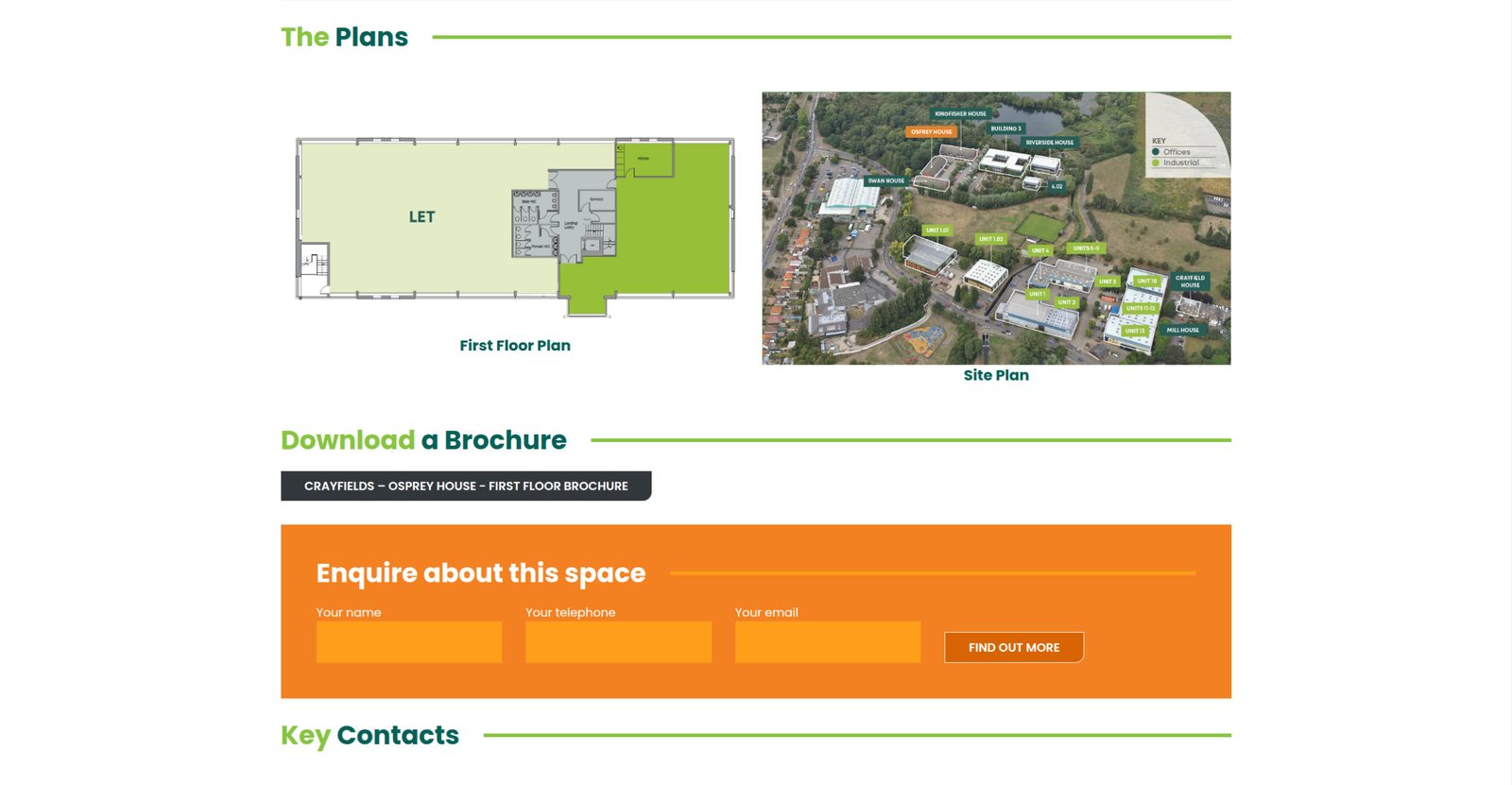 Crayfields Park property page featuring a floor plan, aerial site plan and enquiry form