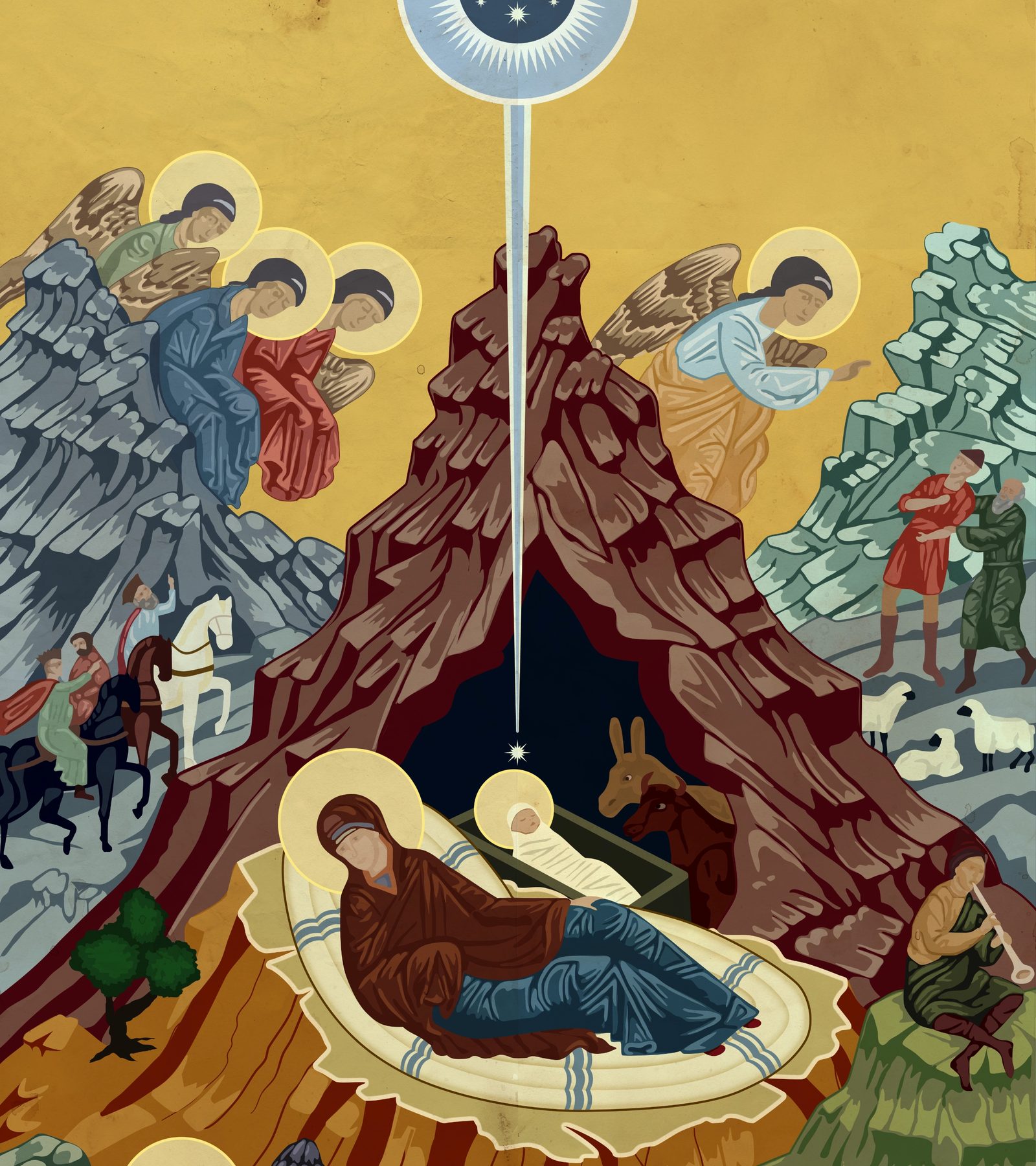 Colourful Nativity illustration featuring angels, shepherds and a mountainous landscape