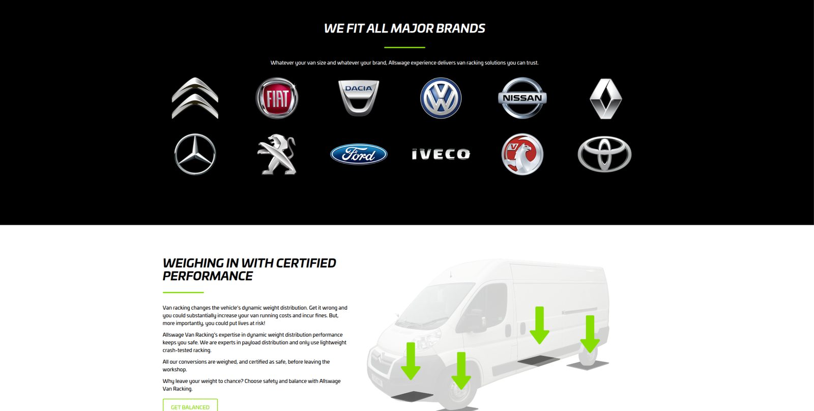 Allswage Van Racking website showing compatible vehicle brands and van weight distribution information