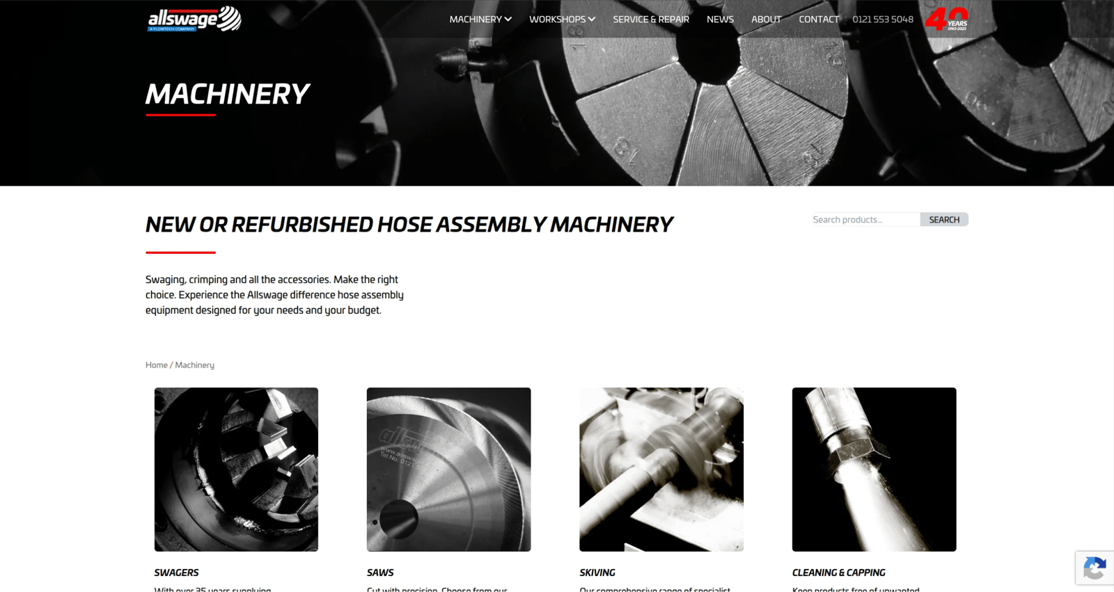 Allswage UK machinery catalogue showing equipment categories including swagers, saws, skiving and cleaning