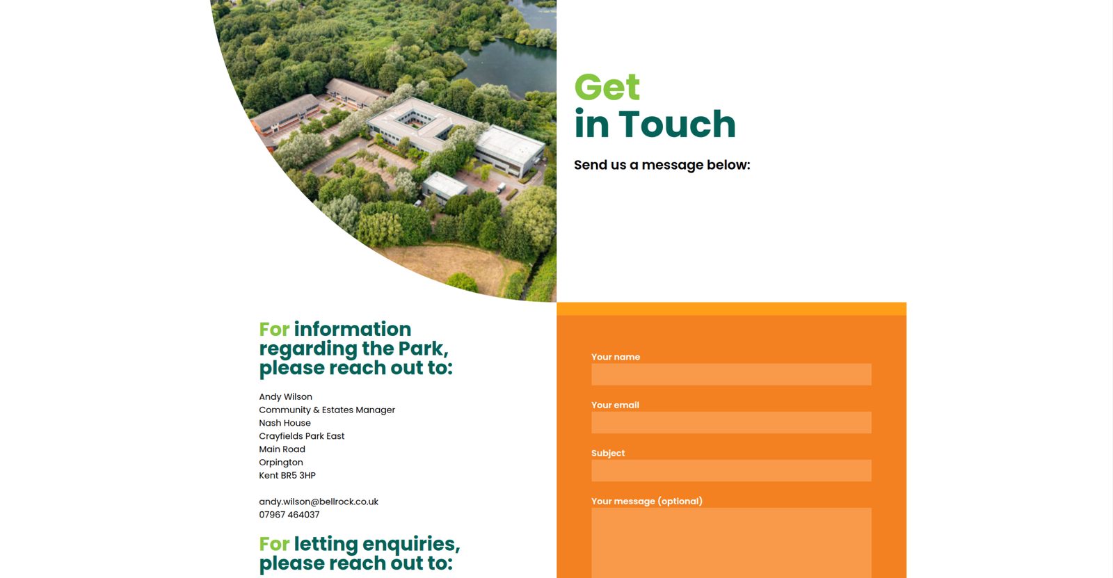 Crayfields Park contact page with an aerial photograph of the business park and enquiry form