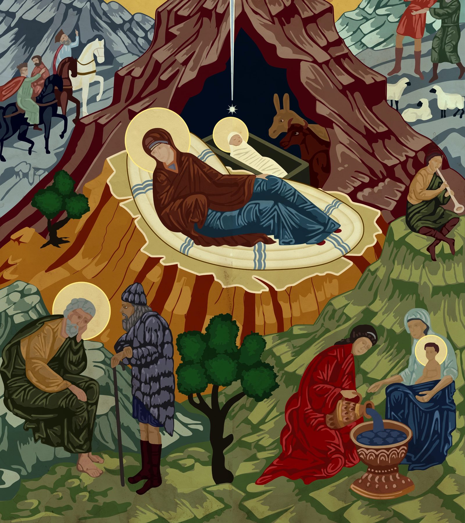 Detail of the Nativity artwork showing Mary, baby Jesus, shepherds and other biblical figures