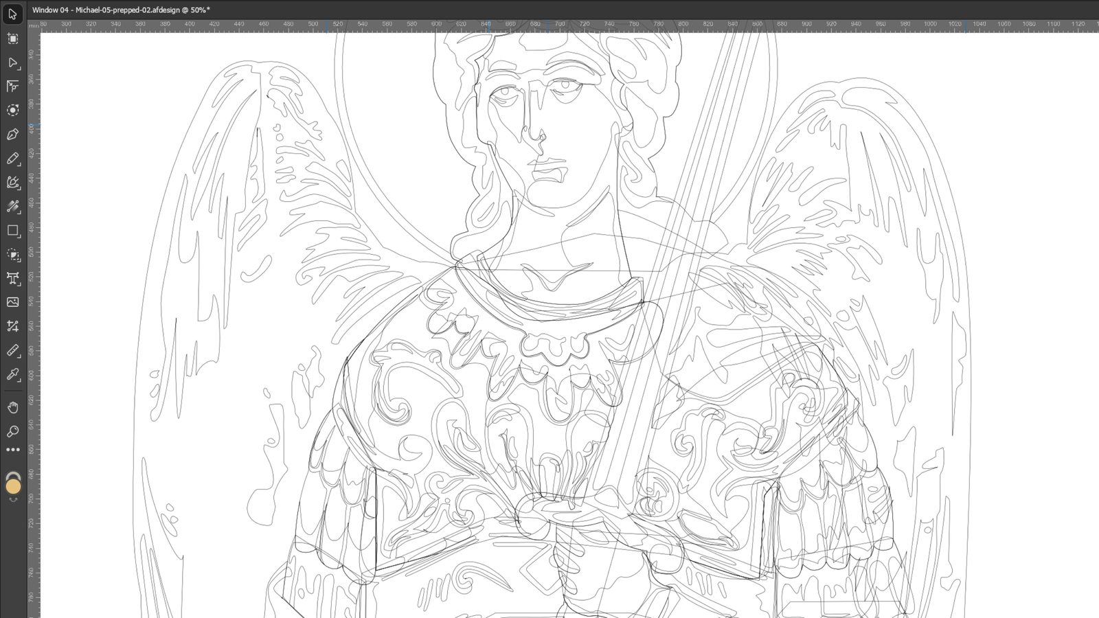 Detailed vector line artwork of an angel inspired by Orthodox Christian iconography