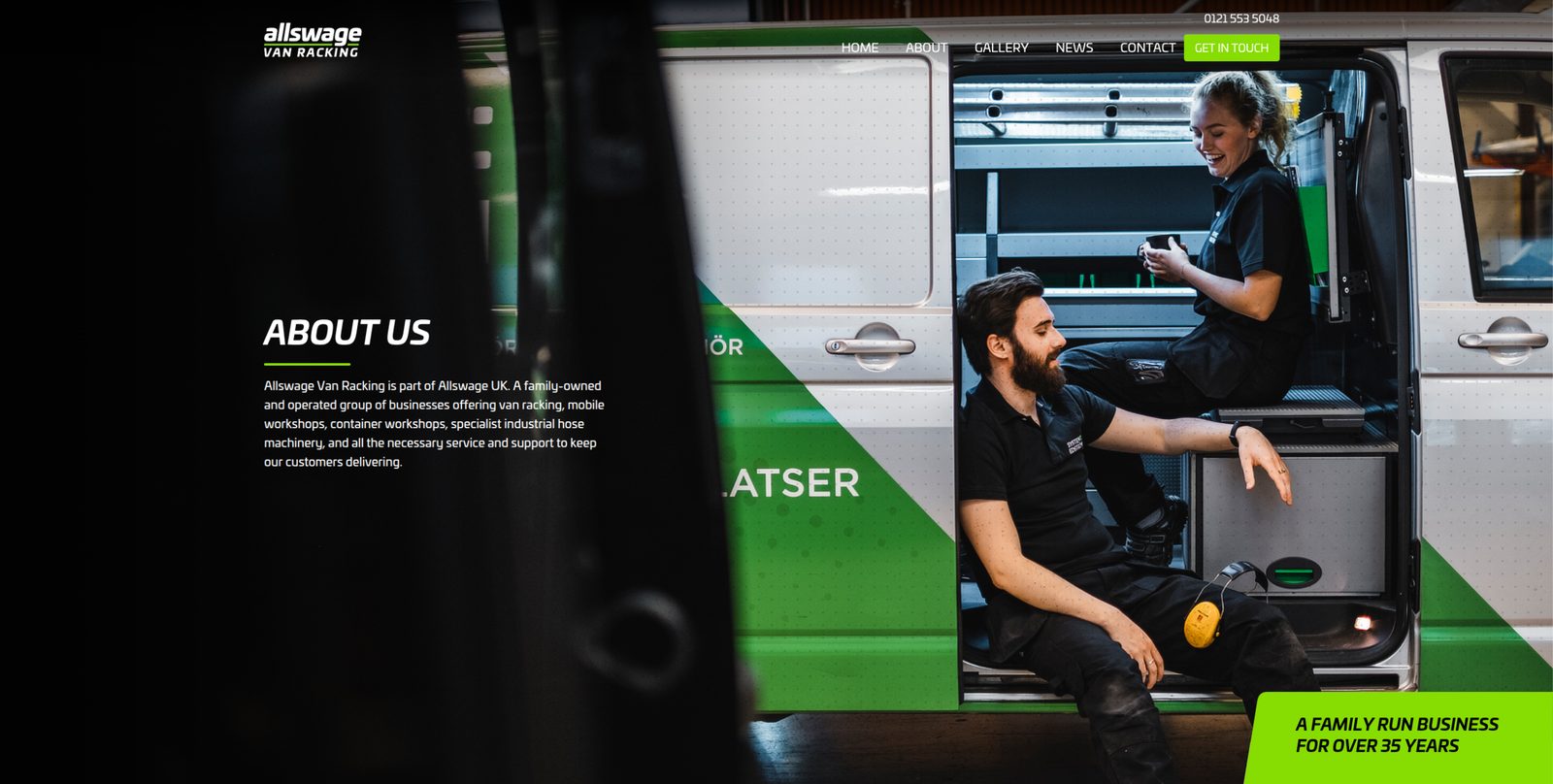 Allswage Van Racking About Us page showing team members beside a fitted service van