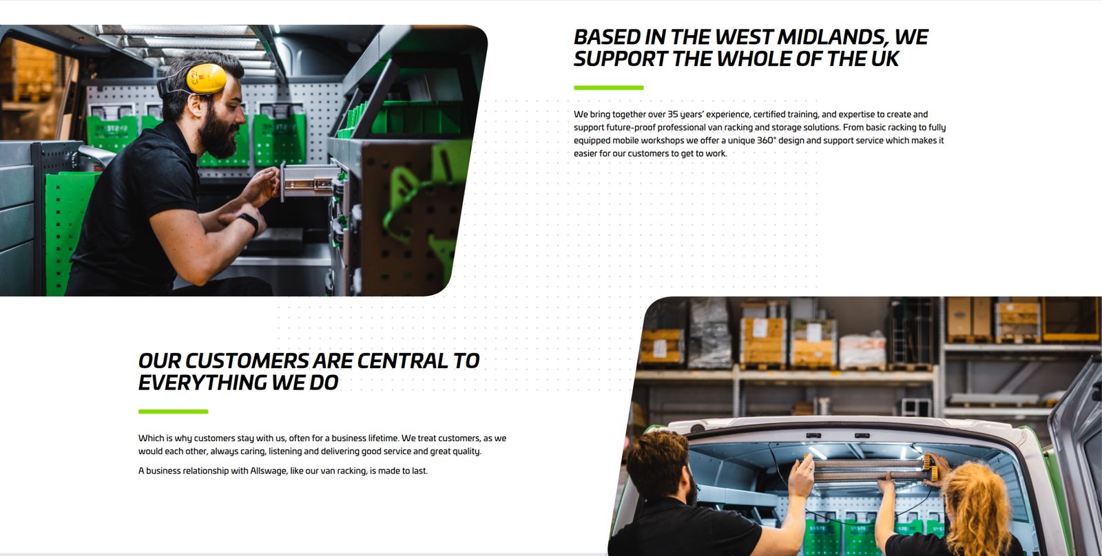 Allswage Van Racking website showing van storage installation photography and company information