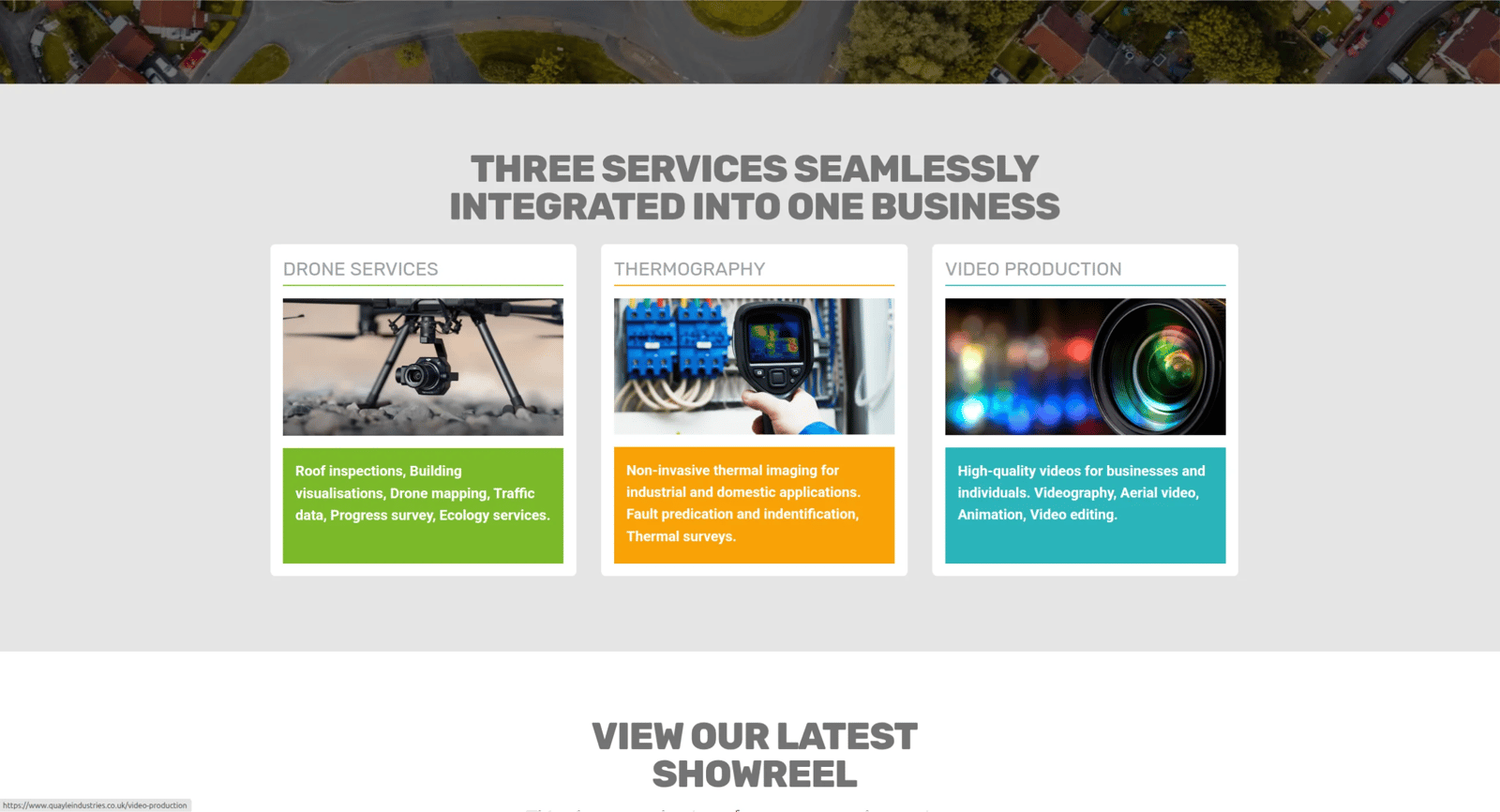 Quayle Industries website showing drone services, thermography and video production sections