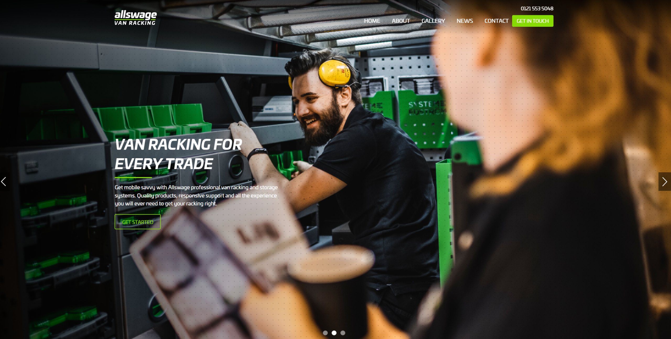Allswage Van Racking homepage featuring a technician working inside a fitted van